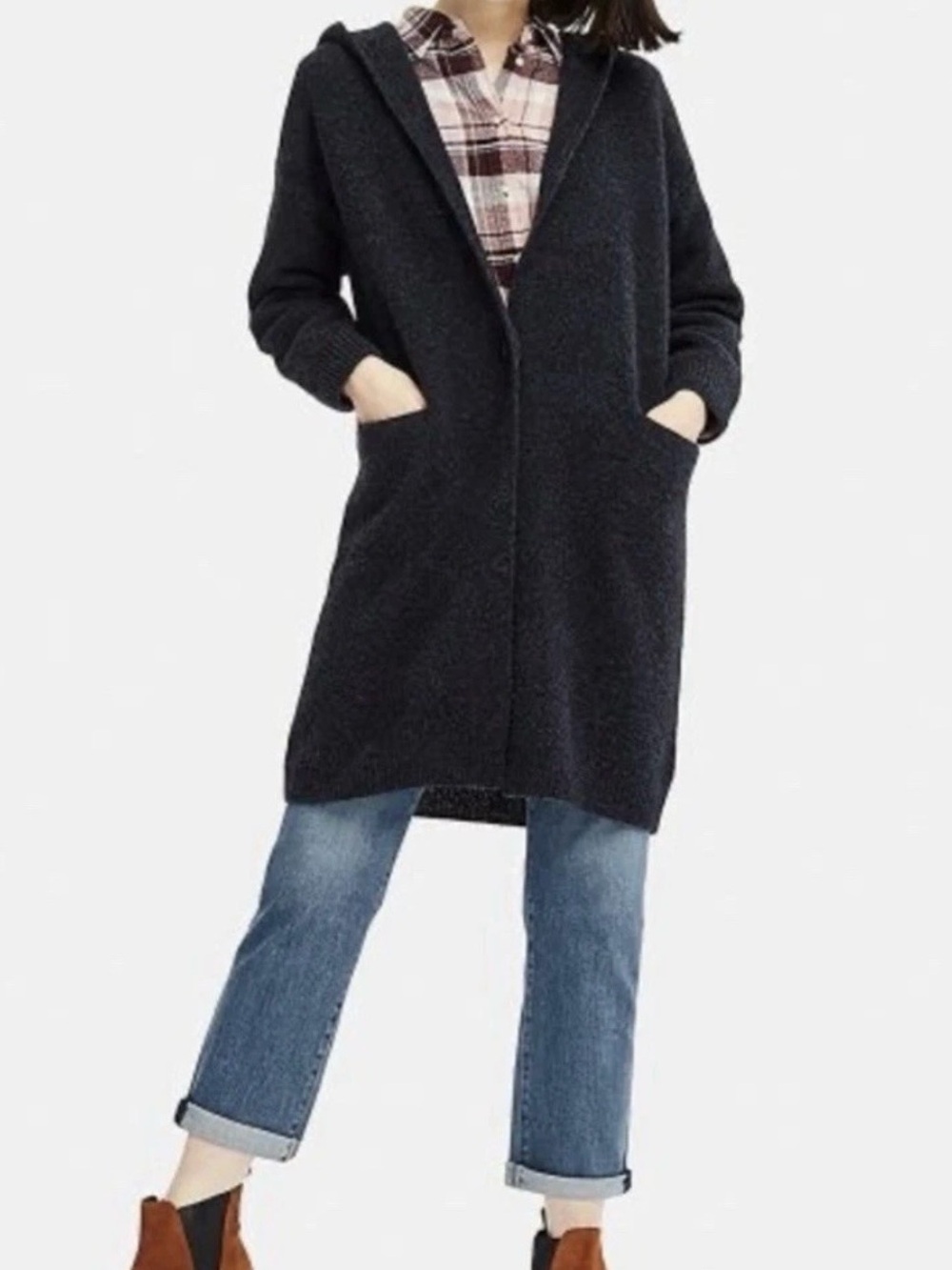 Uniqlo 100% Wool Hooded Cardigan Charcoal purple Button Pockets Women’s M